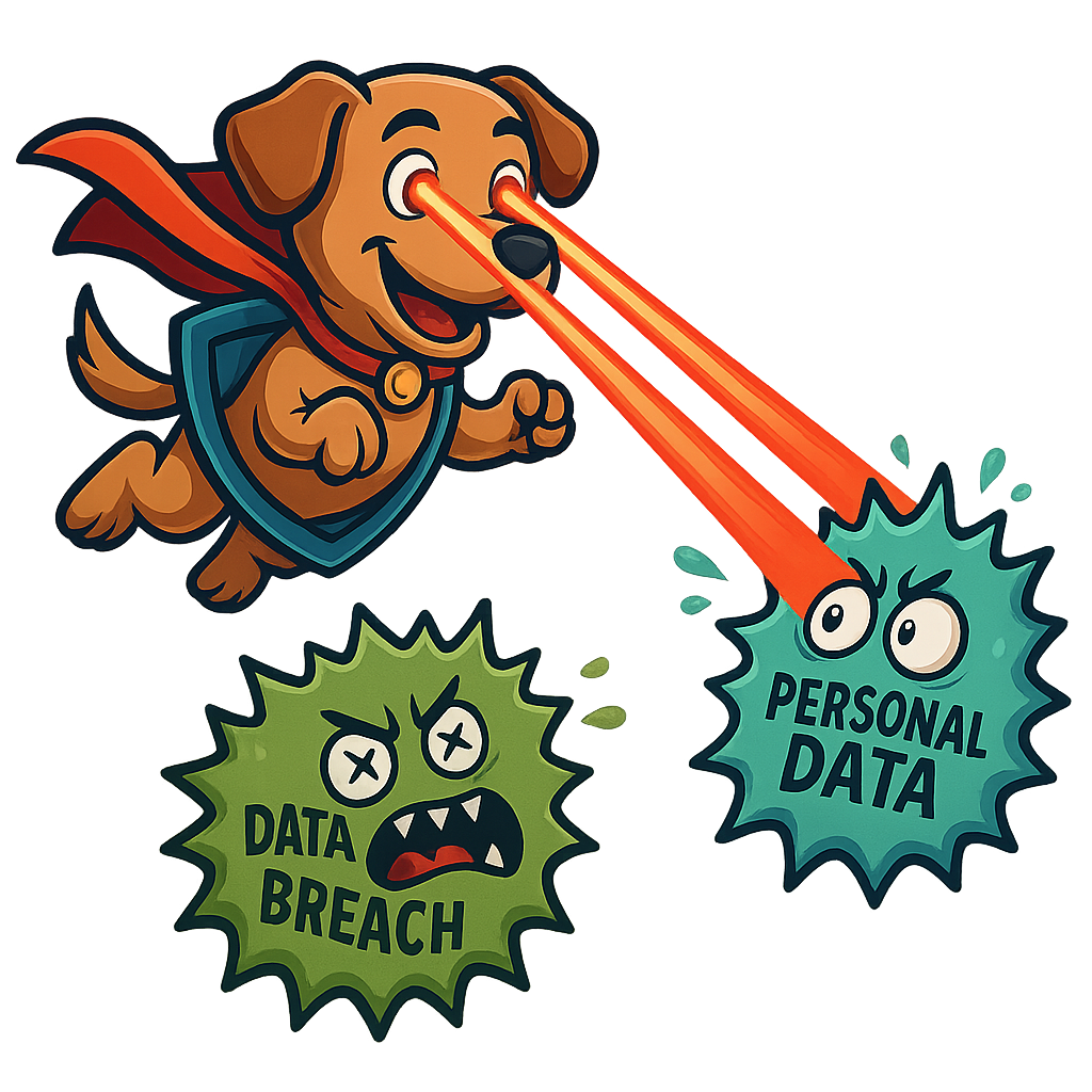 Superhero dog fighting data breach and personal data